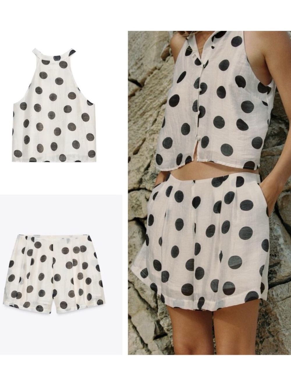 ZARA Mid Rise Pleated Polka Dot Shorts & Top Set